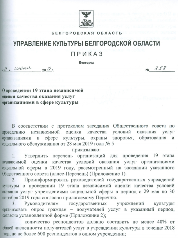 Приказ Управления культуры Белгородской области № 228 от 11 июня 2019 года